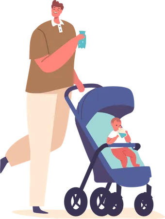 Father Hydrates While Tending To His Child Male Character Sipping Water From A Bottle As They Stroll Together Exemplifying Care And Multitasking Cartoon People Vector Illustration Illustration