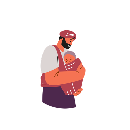 Father in a turban holds a child in a sling.  Illustration