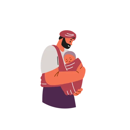 Father in a turban holds a child in a sling.  Illustration