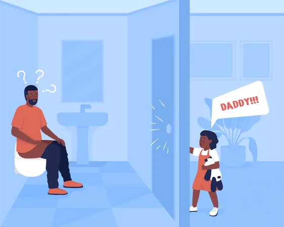 Father in Bathroom and Child Knocking Door Illustration