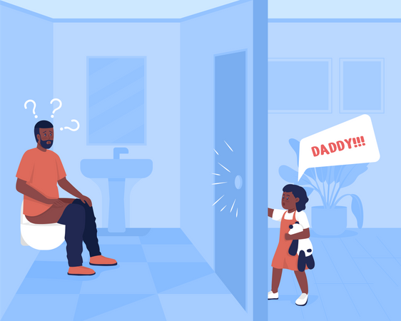 Father in Bathroom and Child Knocking Door  Illustration