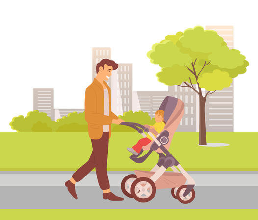 Father is carrying infant baby in stroller  イラスト