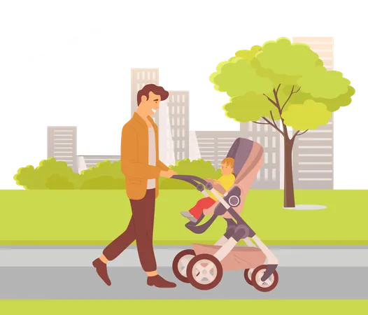 Father is carrying infant baby in stroller  Illustration