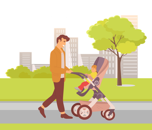 Father is carrying infant baby in stroller  Illustration