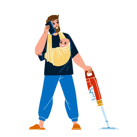 Young Busy Father Housekeeping And Working Vector Busy Father Man Holding Baby Child Cleaning Floor With Vacuum Cleaner And Discussing With Partner On Phone Character Flat Cartoon Illustration Illustration
