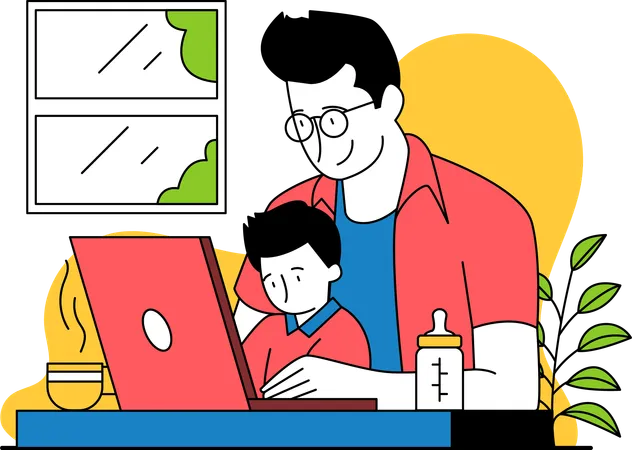 Father is working while looking after the child  イラスト