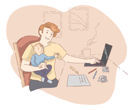 Father is working while looking after the child  Illustration