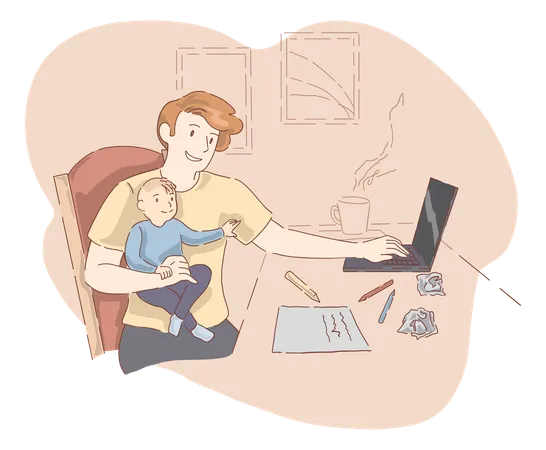 Father is working while looking after the child  Illustration