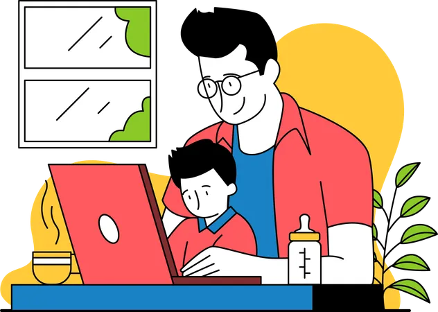 Father is working while looking after the child  Illustration