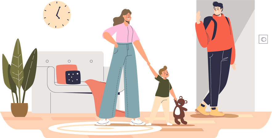 Father leaving for work while babysitter carry child Illustration
