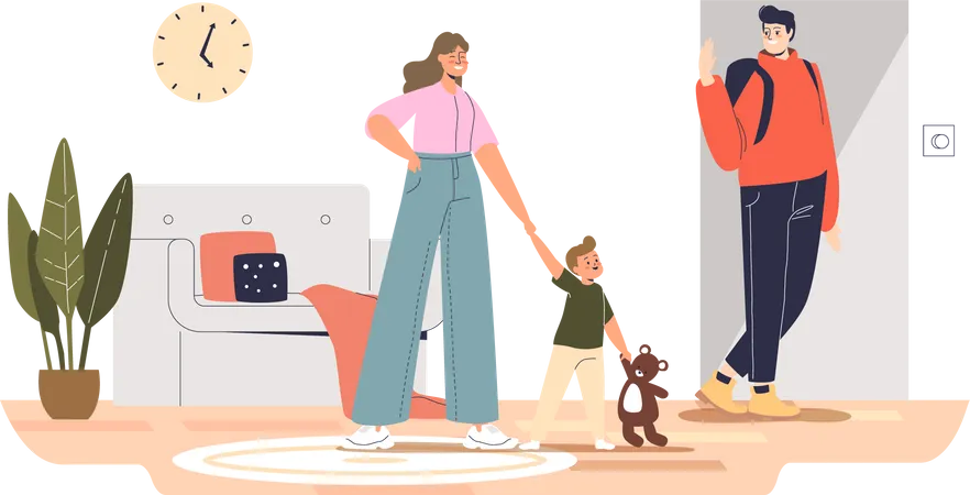 Father leaving for work while babysitter carry child  Illustration