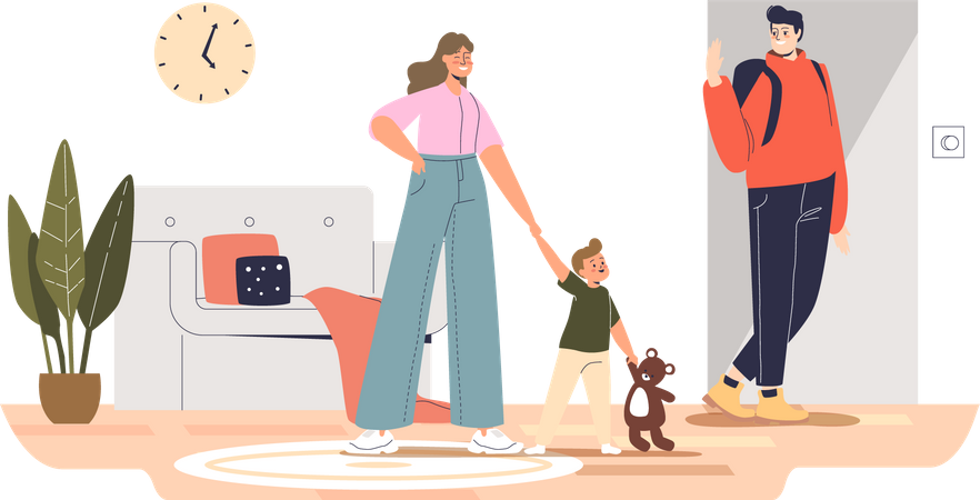 Father leaving for work while babysitter carry child  イラスト
