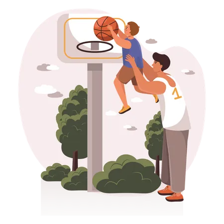 Father lifting son to play basketball  Illustration
