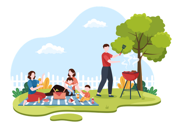 Father making barbeque while family sitting  Illustration