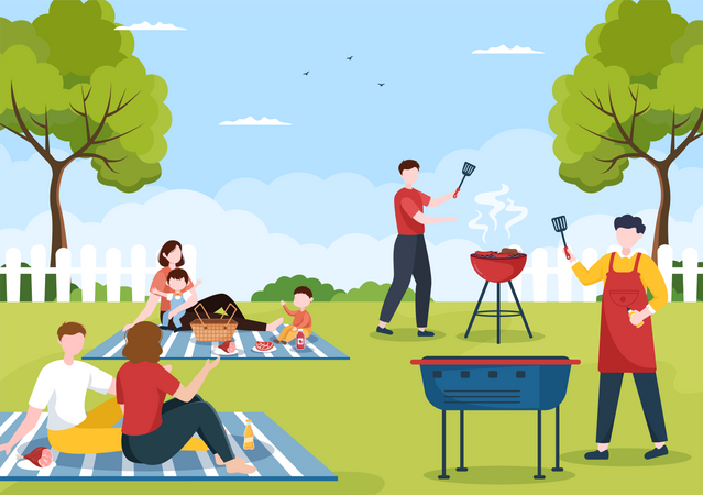 Father making barbeque while family waiting  Illustration