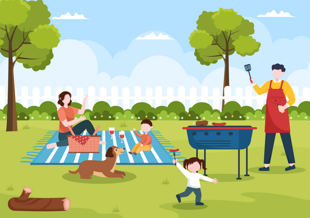 Father making barbeque while kids playing  Illustration