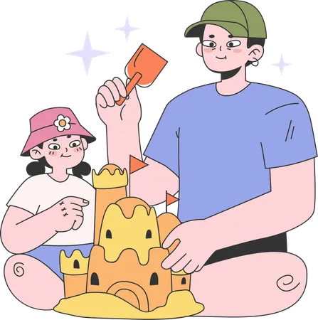 Father making sand castle with daughter  Illustration