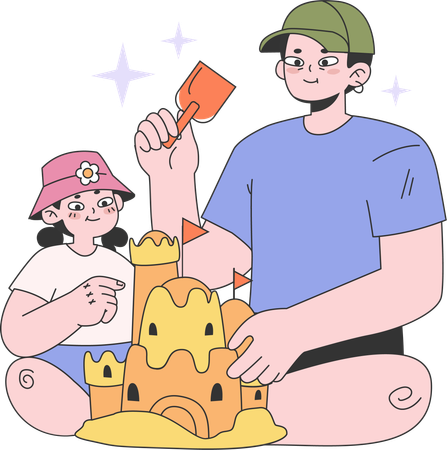 Father making sand castle with daughter  Illustration