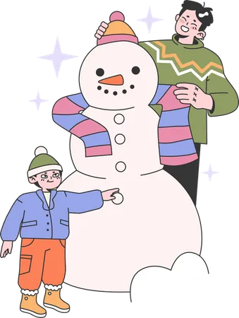Father making snowman with hid son  Illustration