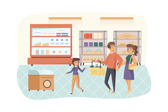 Father, mother and daughter choosing and buying food at grocery store Illustration