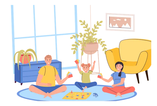 Father, mother and daughter playing board game Illustration