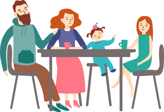 Dad Mom And Two Sisters Have Dinner Together Illustration