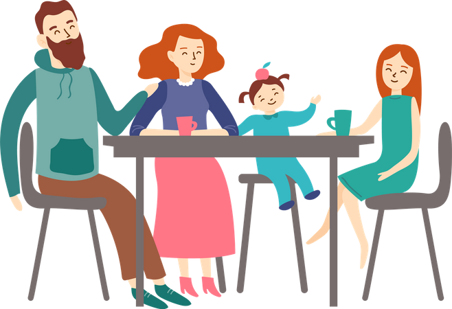 Father, mother and kids have dinner together  Illustration