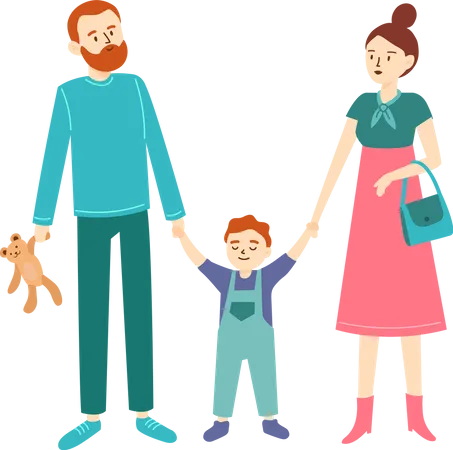 Young Father And Mother Holding Little Son Hands Illustration