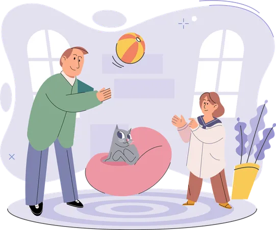 Father playing ball with daughter inside home  Illustration