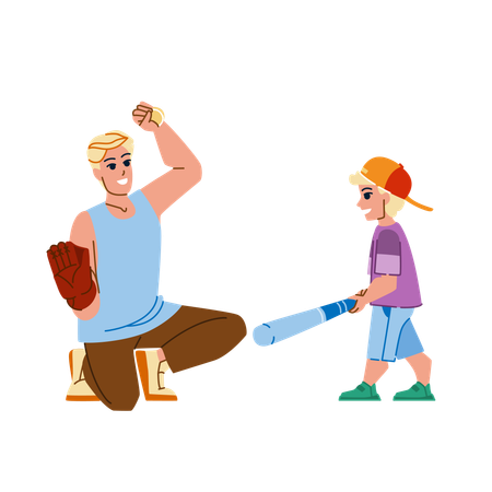 Father playing baseball with son  Illustration