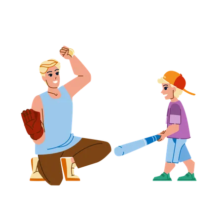 Father Son Baseball Vector Family Dad Child Catch Ball Playing Park Father Son Baseball Character People Flat Cartoon Illustration Illustration