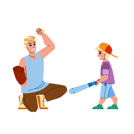 Father playing baseball with son  Illustration