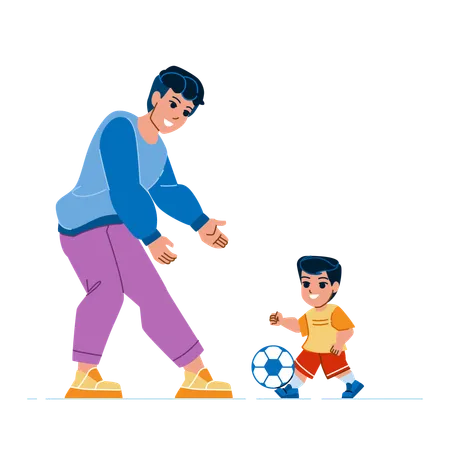 Father Son Ball Vector Child Boy Family Sport Soccer Parent Dad Football Park Father Son Ball Character People Flat Cartoon Illustration Illustration