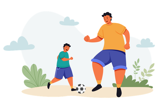 Father playing football with son on Fathers Day Illustration