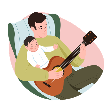 Father playing guitar with infant  Illustration