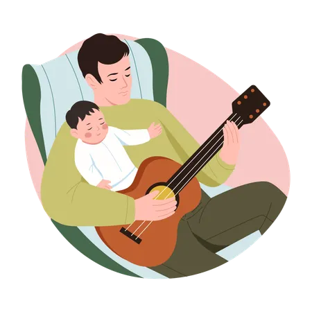 Father playing guitar with infant  Illustration