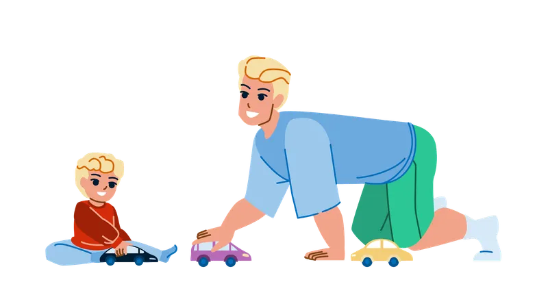 Father playing toy car with son  イラスト