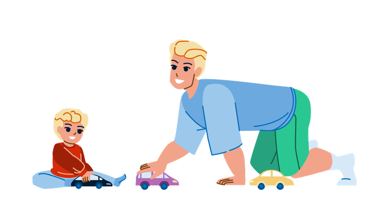 Father playing toy car with son  Illustration