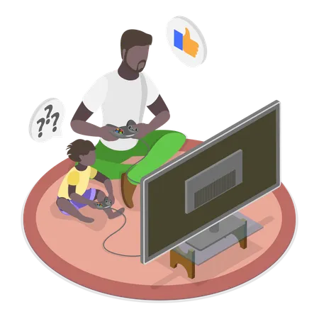 Father playing video game with daughter  Illustration