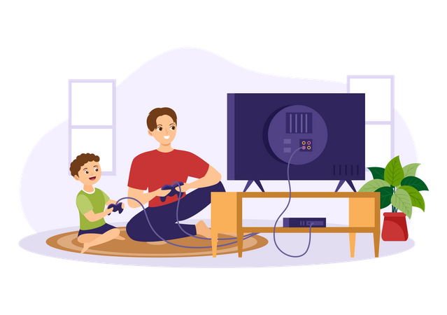 Father playing video game with son Illustration