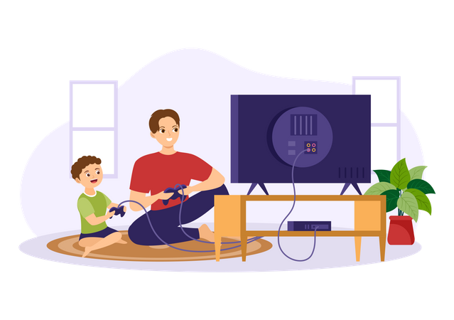 Father playing video game with son  Illustration