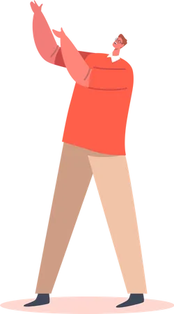 Single Male Character Wear Red T Shirt And Beige Trousers Stand With Raised Hands Isolated On White Background Positive Young Fashioned Man Millenial Attractive Person Cartoon Vector Illustration Illustration