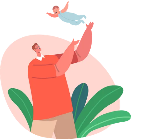 Happy Father Character Tossing Up In The Air Little Baby Daughter Or Son Dad Playing With Child Family Fun Weekend Leisure Game Parenthood Or Childhood Concept Cartoon People Vector Illustration 일러스트레이션