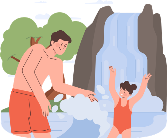 Father playing with daughter in lake  Illustration