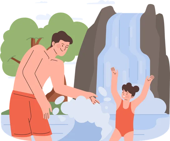 Father playing with daughter in lake  Illustration