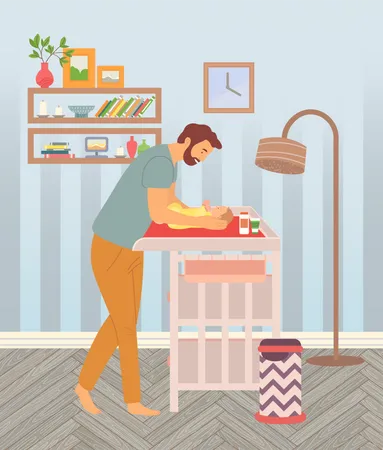A Young Bearded Father Swaddles His Baby On A Changing Table Baby Care Spend Time Together Household Chores Parental Duty Cozy Bedroom Or Living Room Flat Happy Family Fatherhood Concept Illustration