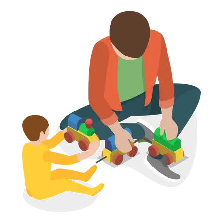 3 D Isometric Flat Vector Illustration Of Playing With Kids Parents And Their Children Are Having Good Time Item 1 Illustration