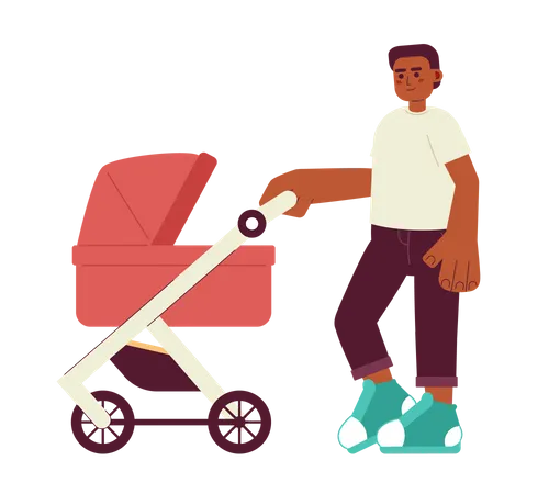 Walking With Baby Inside Carriage Flat Concept Vector Spot Illustration Father Pushes Baby Stroller 2 D Cartoon Character On White For Web UI Design Isolated Editable Creative Hero Image Illustration