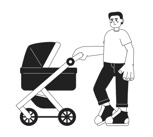 Father pushes baby stroller  イラスト