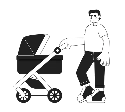 Walking With Baby Inside Carriage Monochrome Concept Vector Spot Illustration Father Pushes Baby Stroller 2 D Flat Bw Cartoon Character For Web UI Design Isolated Editable Hand Drawn Hero Image Illustration